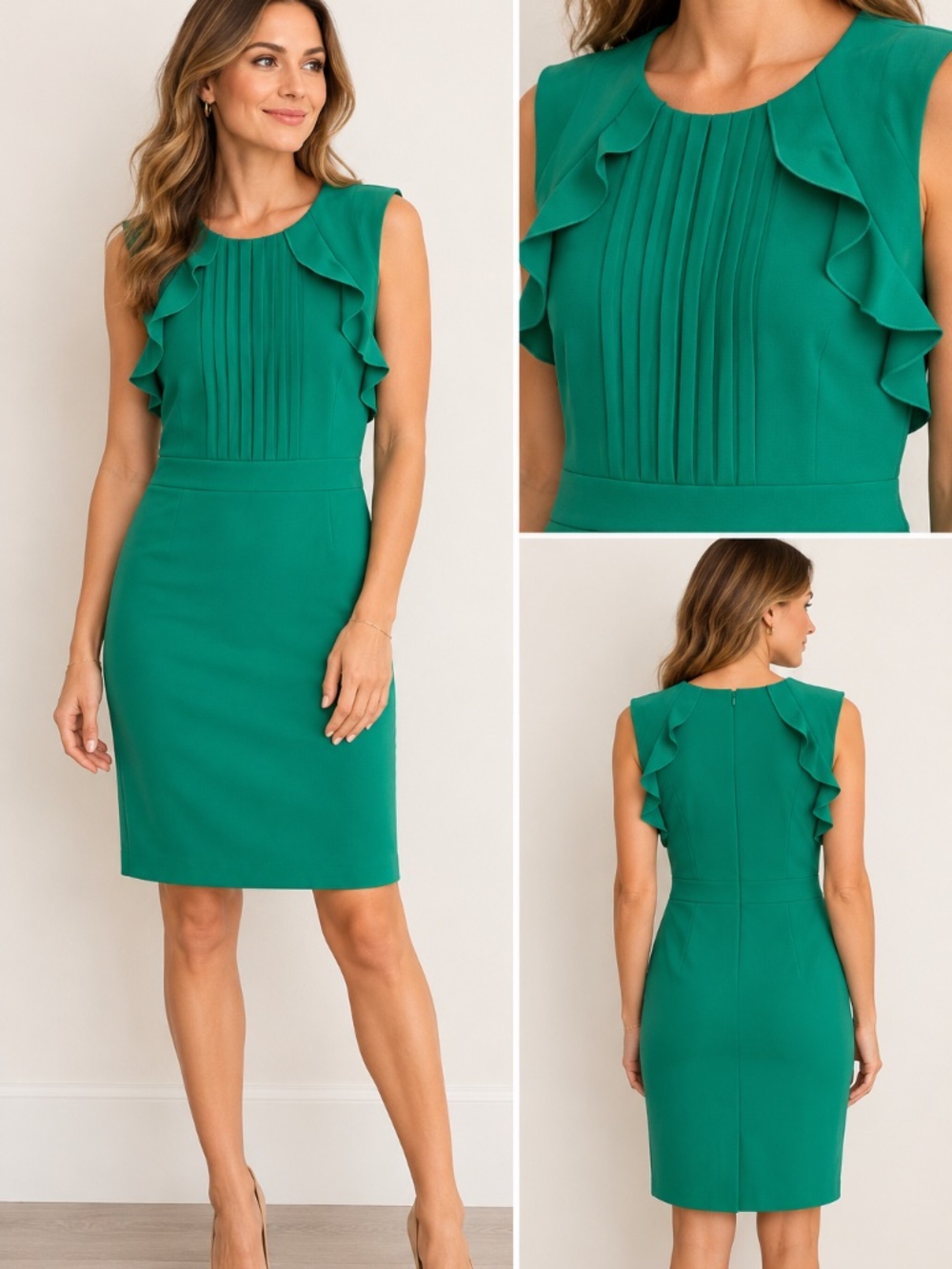 Ann Taylor 2 Emerald Green Ruffle Pleated Sheath Dress Sleeveless Career Party